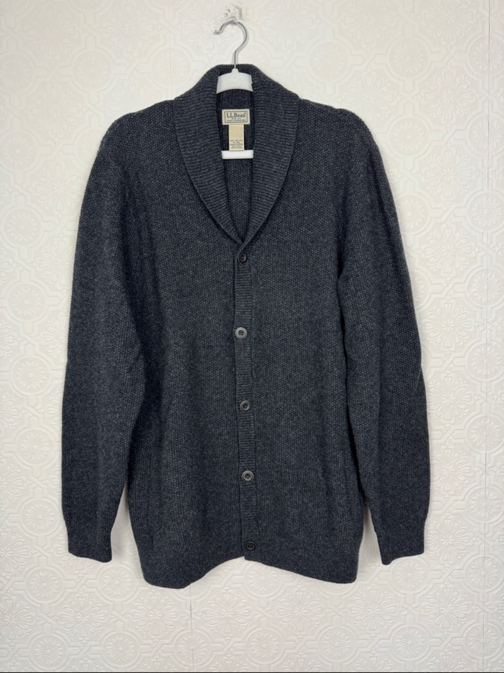 L.L. Bean 100% Lambswool Cardigan Sweater XL Tall Gray Fisherman Button Front